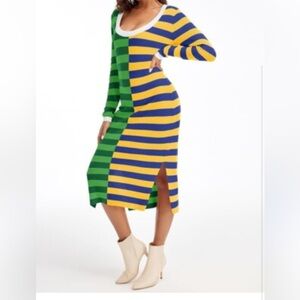 Wenrine Striped Dress Summer Knitted Scoop Neck M Color Block Casual Maxi Dress